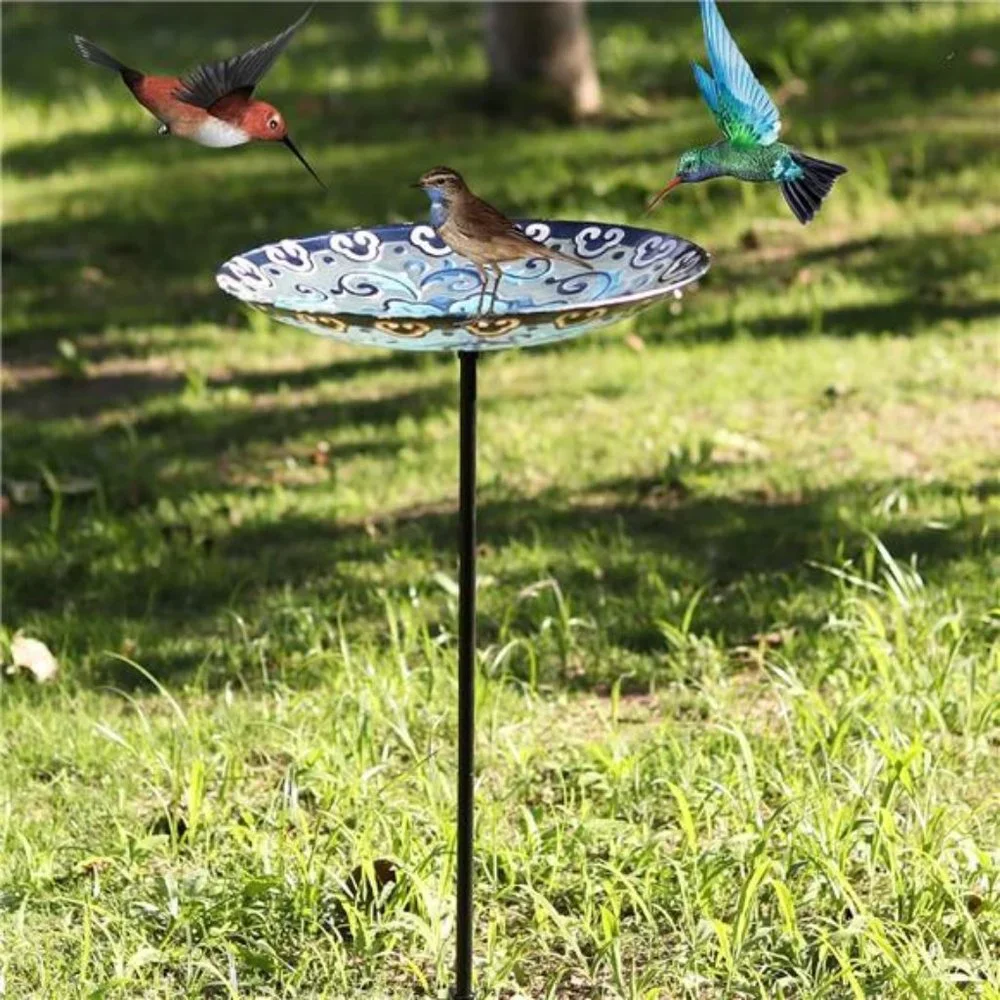 Glass Bird Baths,Garden Outdoor Birdbath Birdfeeder with MetalStake for Outside